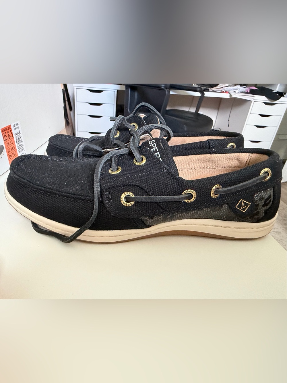 Sperry Black Canvas Boat Shoes with Gold Eyelets